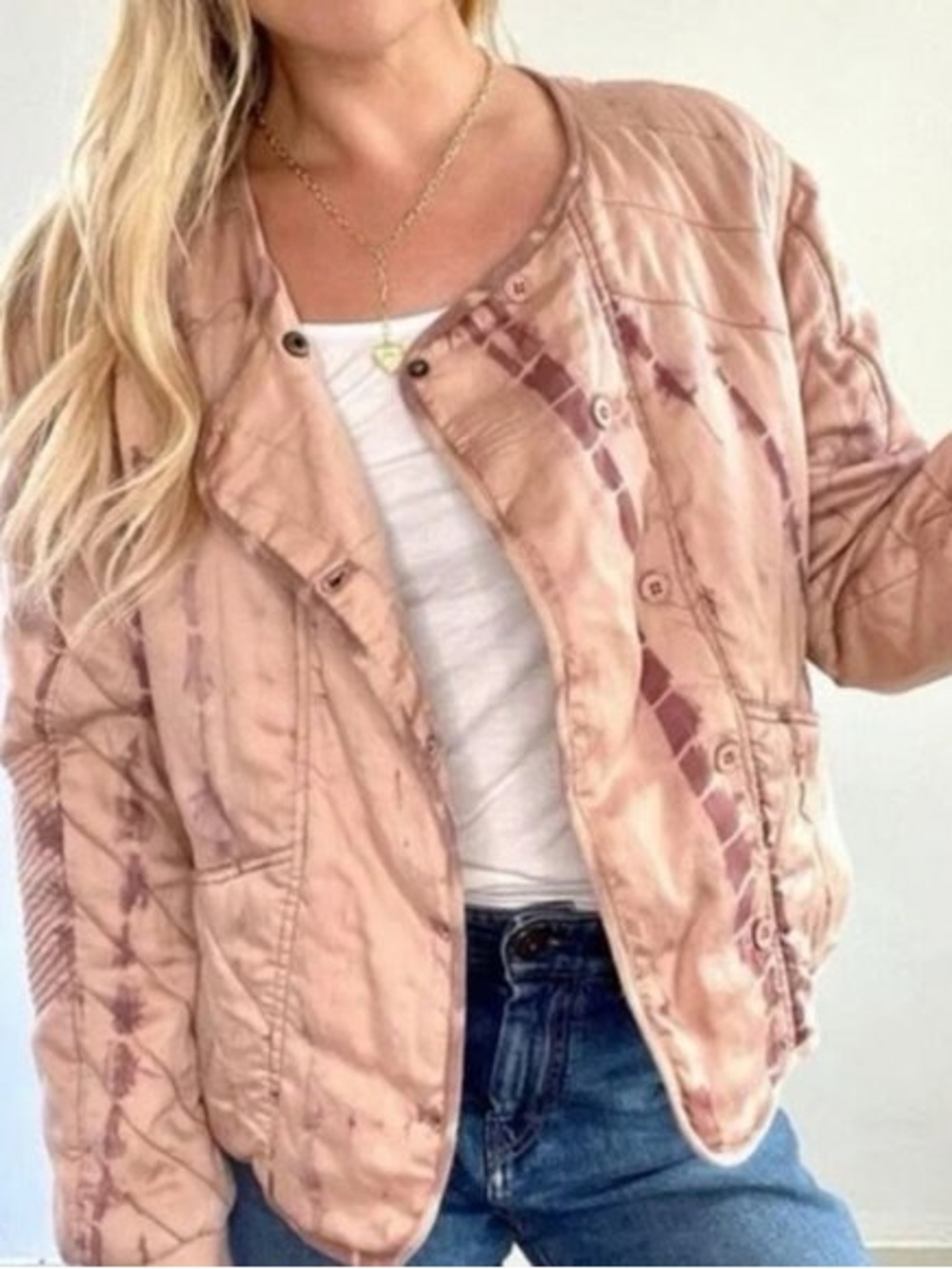 Marrakech Anthropologie Tie Dye Pink Peach Chic Quilted Bomber Jacket Size XL